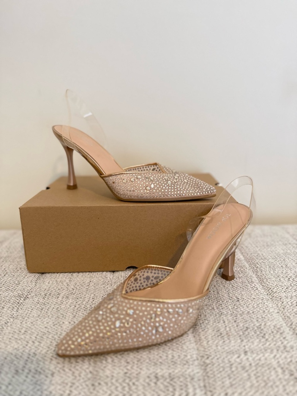 Embellished Nude Pointed-Toe Slingback Heels